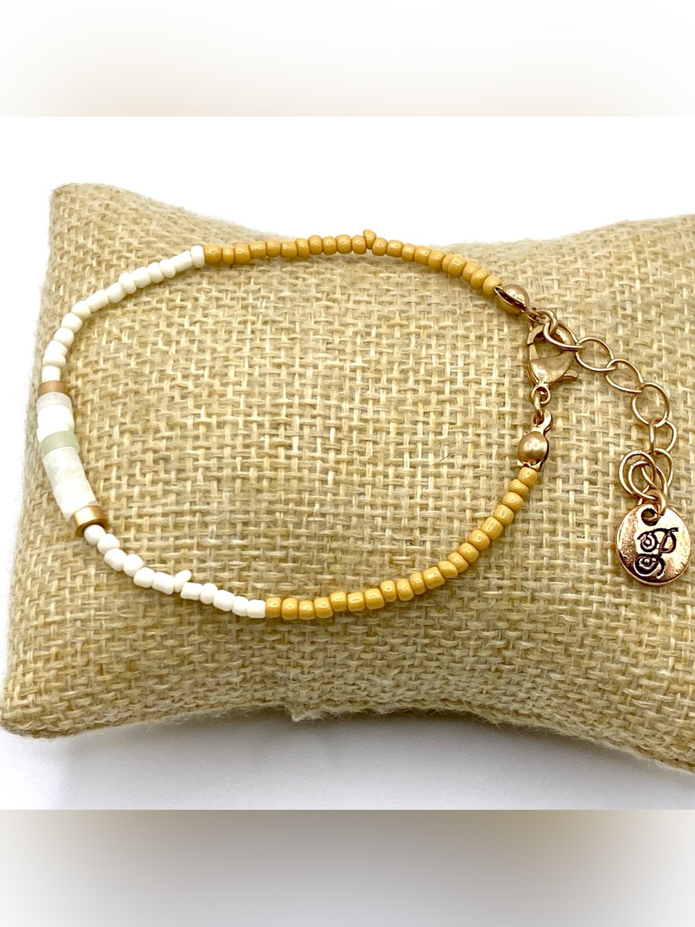 Cream and Mustard Seed Bead Bracelet with Gold Charm